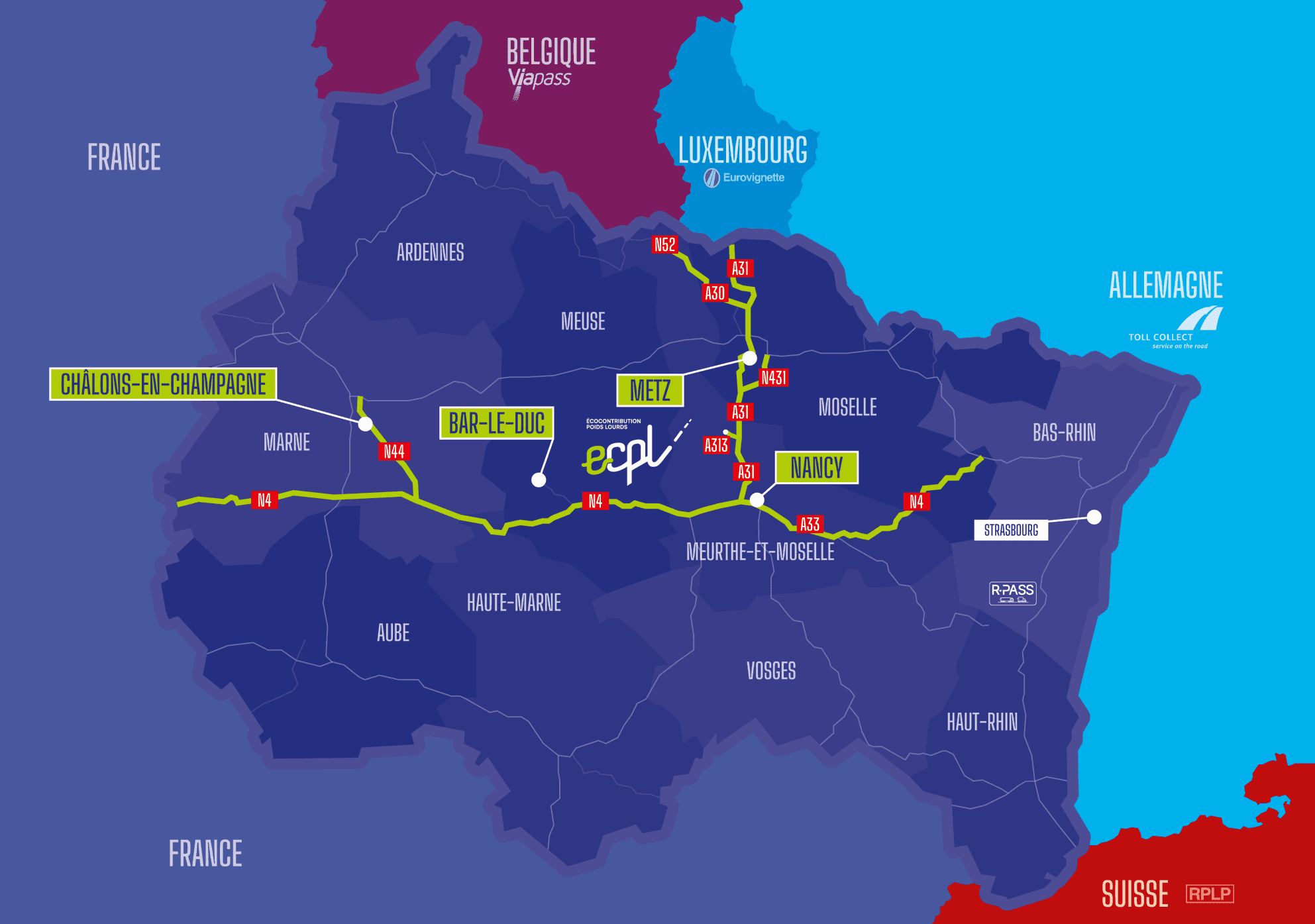 HGVs on a major road in the Grand Est region.